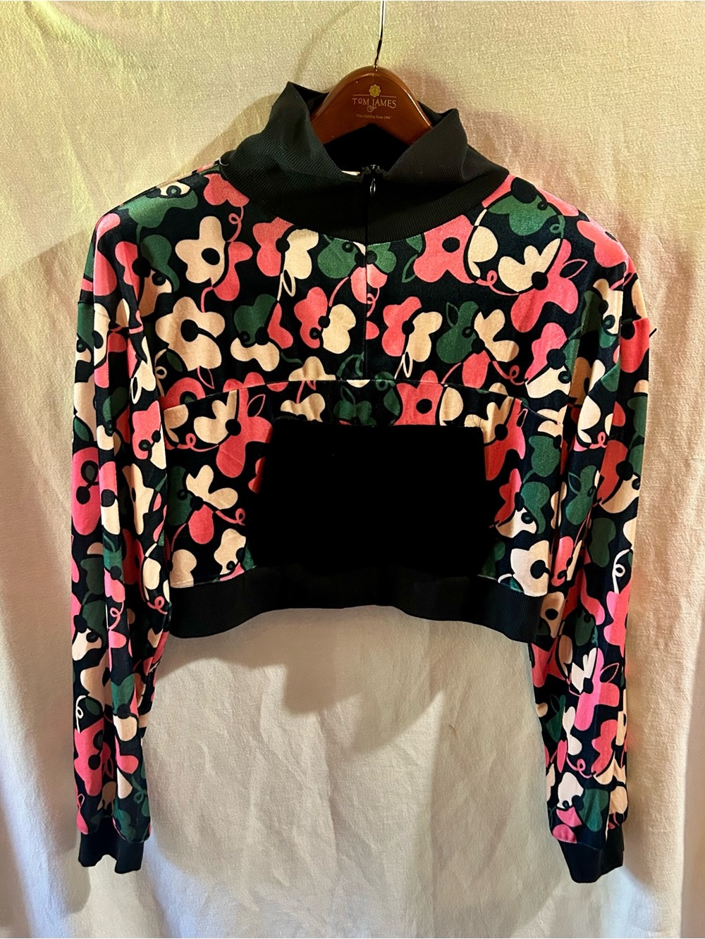 Daisy LA Floral Velour Cropped Quarter Zip Jacket Sz M Y2K Track Top
